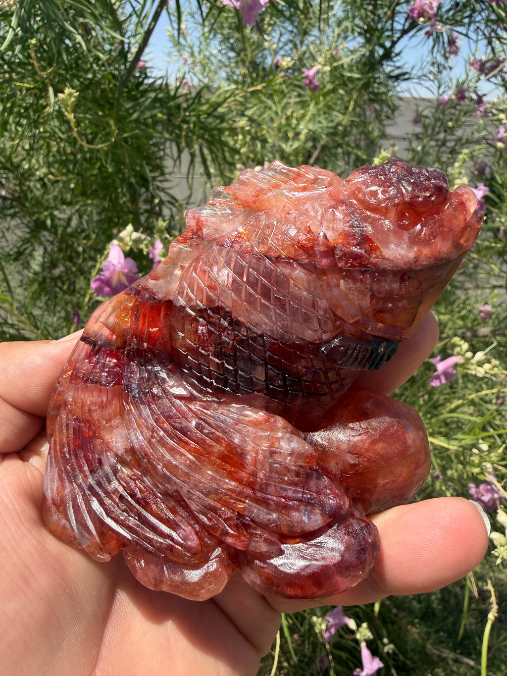 Hand Carved Fire Quartz Japanese Oranda Goldfish Carving.