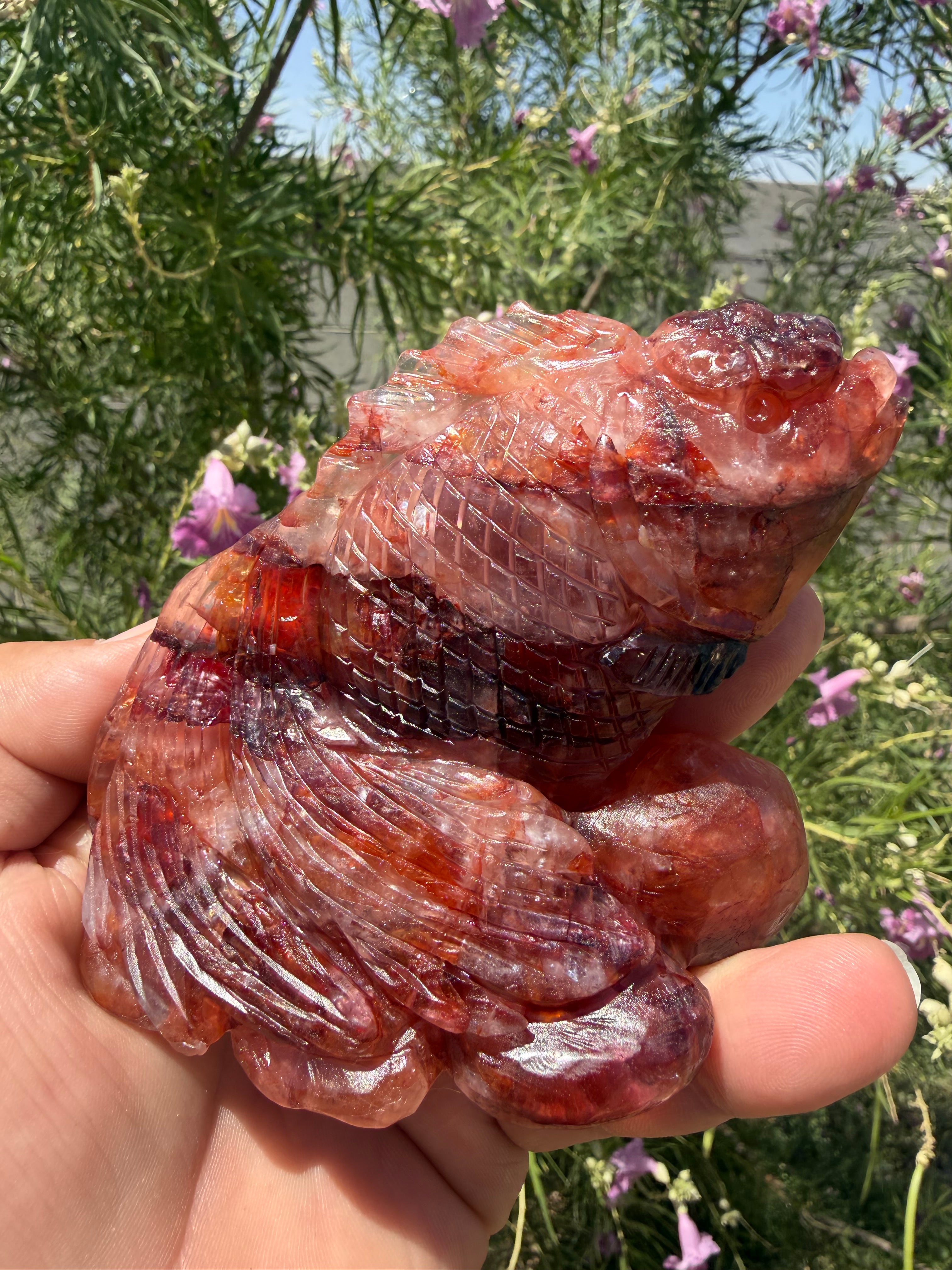 Hand Carved Fire Quartz Japanese Oranda Goldfish Carving.