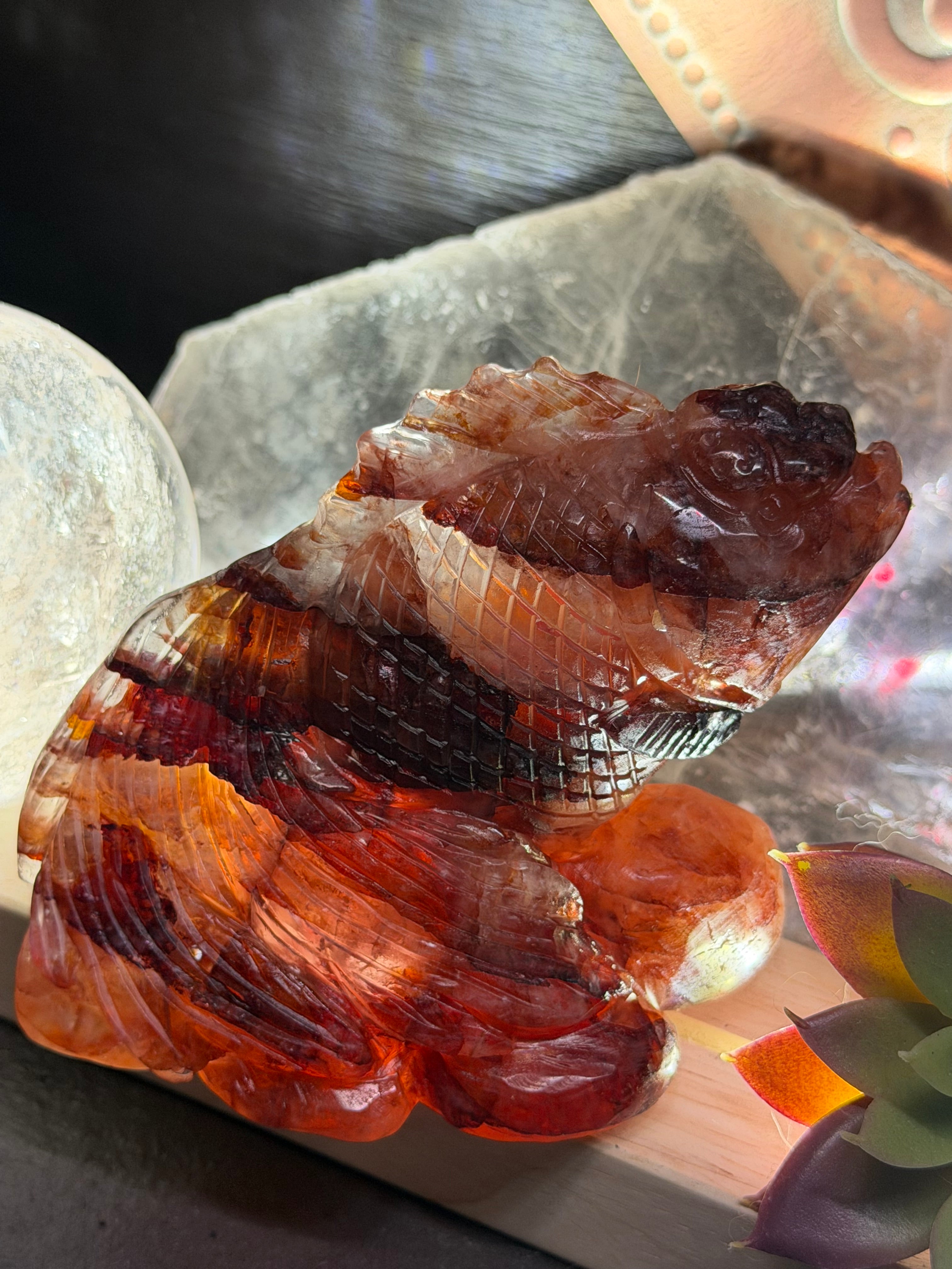 Hand Carved Fire Quartz Japanese Oranda Goldfish Carving.