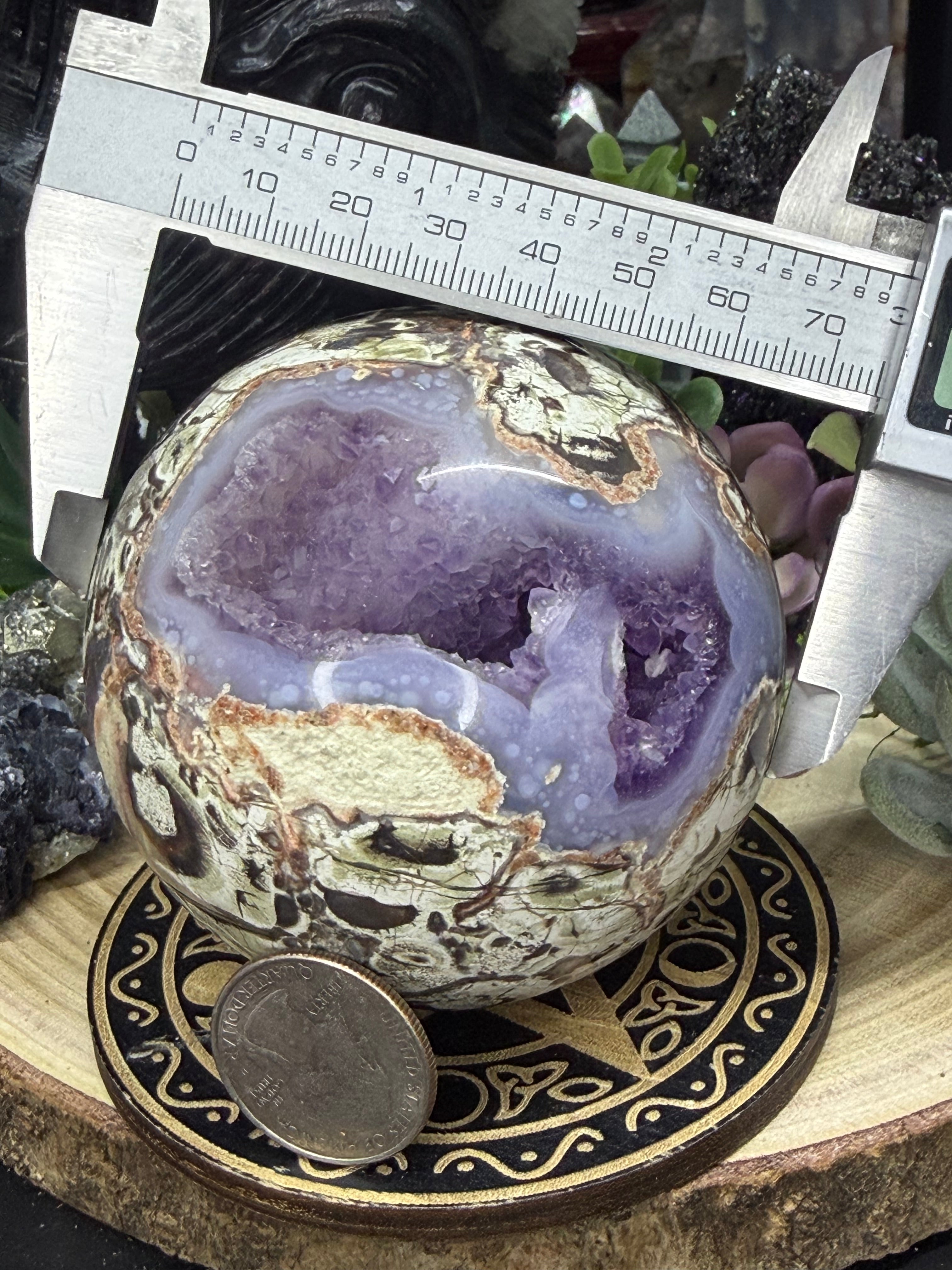 Rare Money Agate With Amethyst Inclusions 74mm Sphere