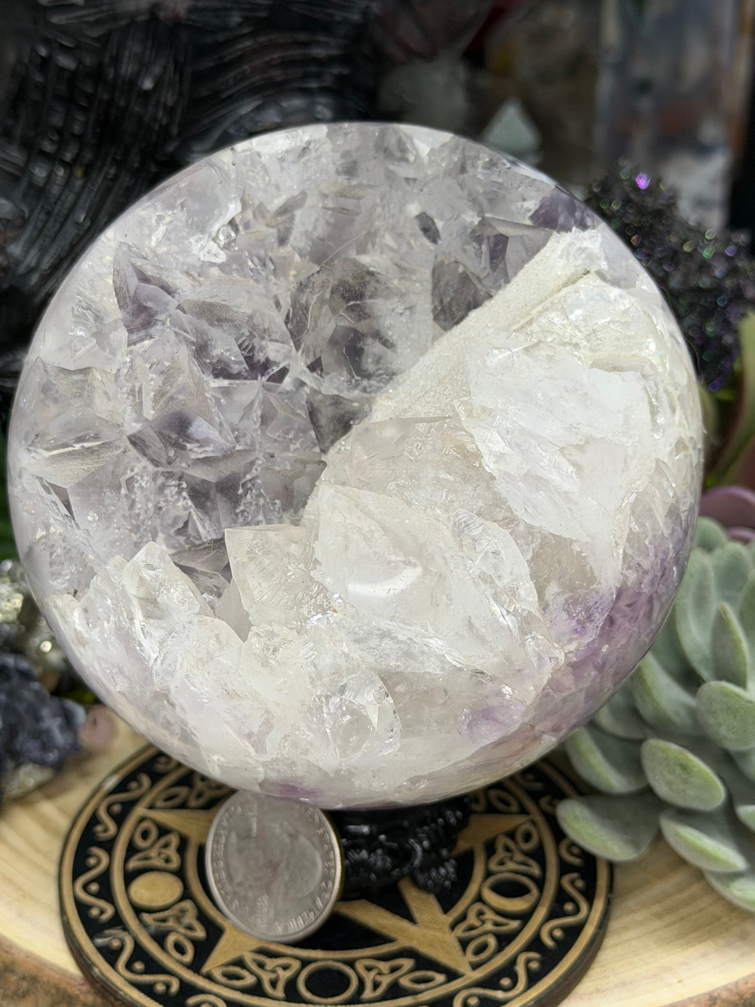 Brazil Amethyst Agate 110mm Sphere With Sugar Calcite & Pink UV Calcite Inclustion