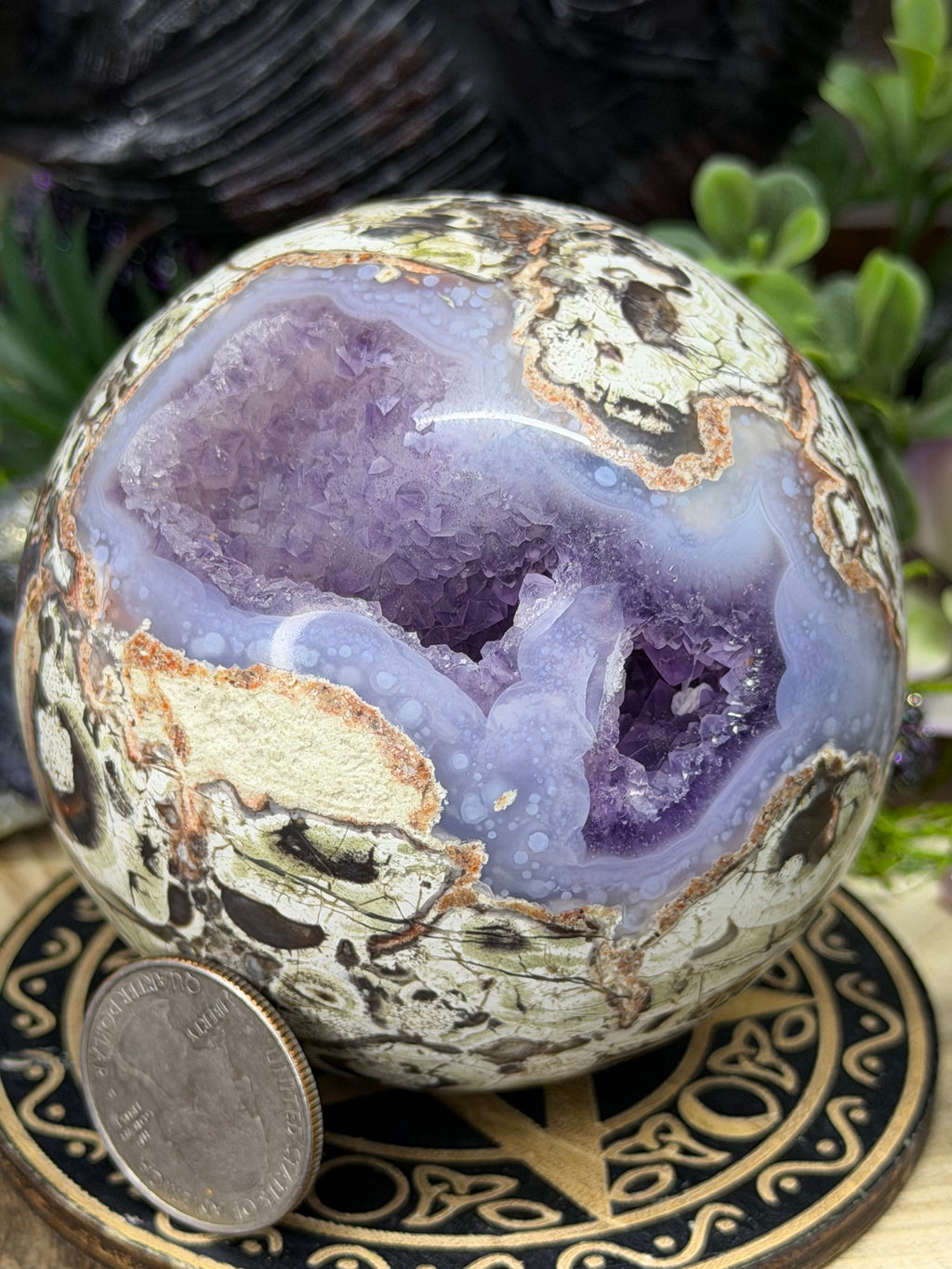 Rare Money Agate With Amethyst Inclusions 74mm Sphere