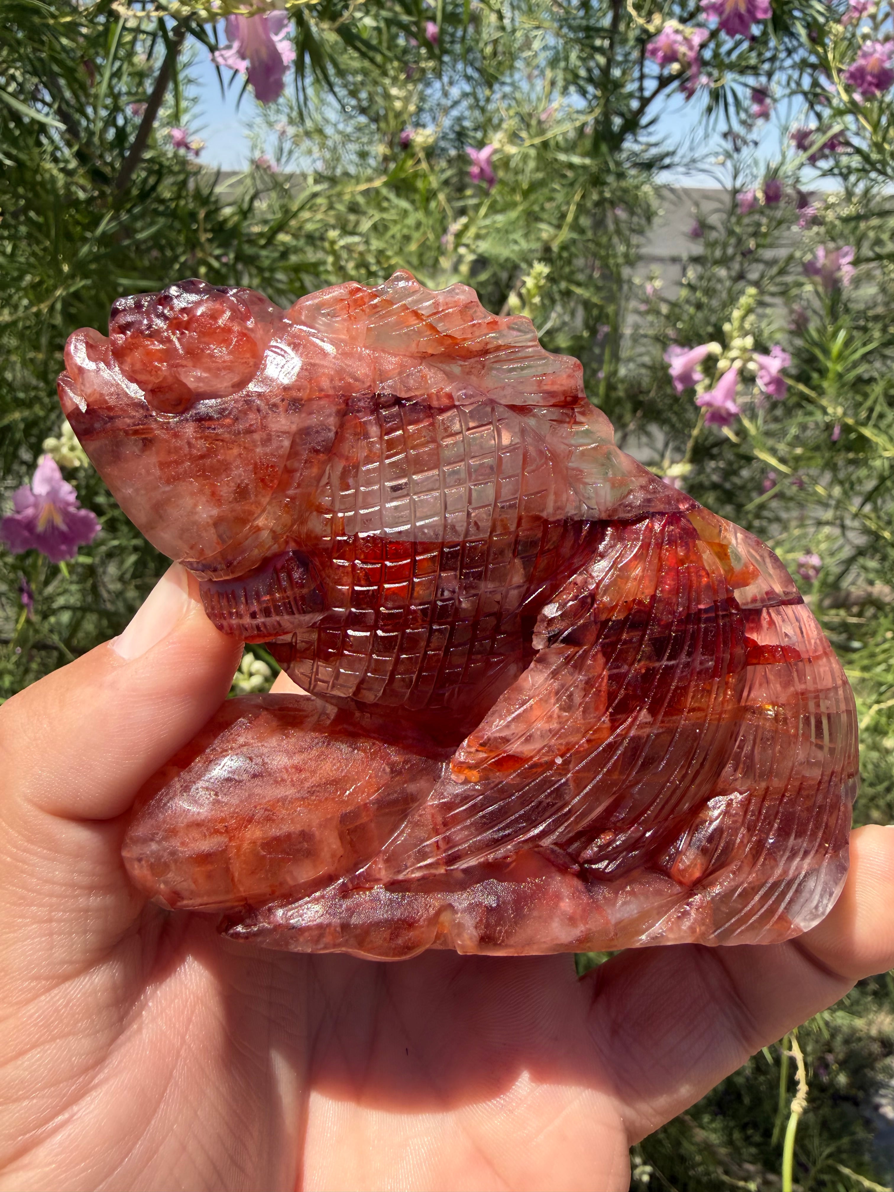 Hand Carved Fire Quartz Japanese Oranda Goldfish Carving.