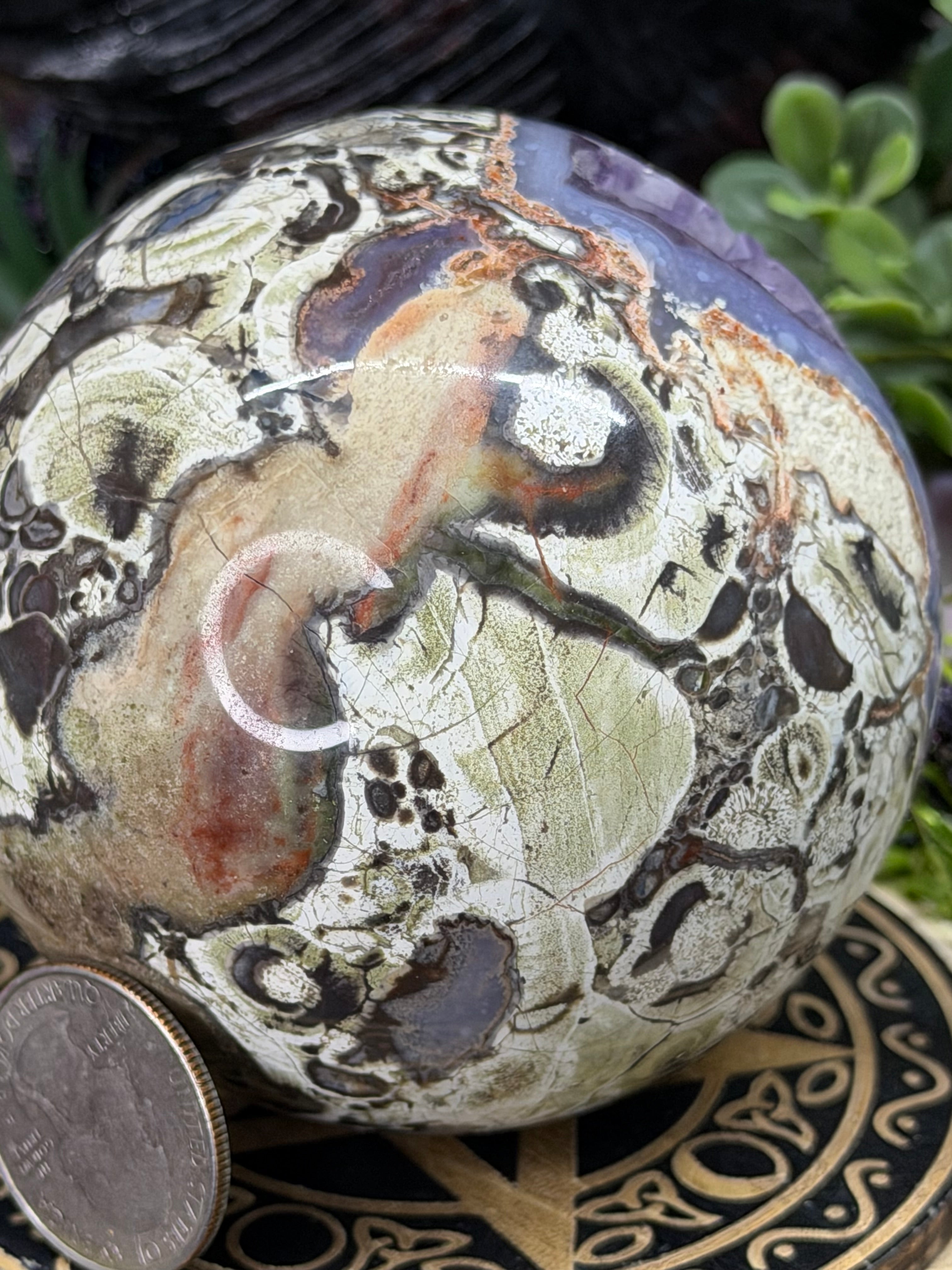 Rare Money Agate With Amethyst Inclusions 74mm Sphere