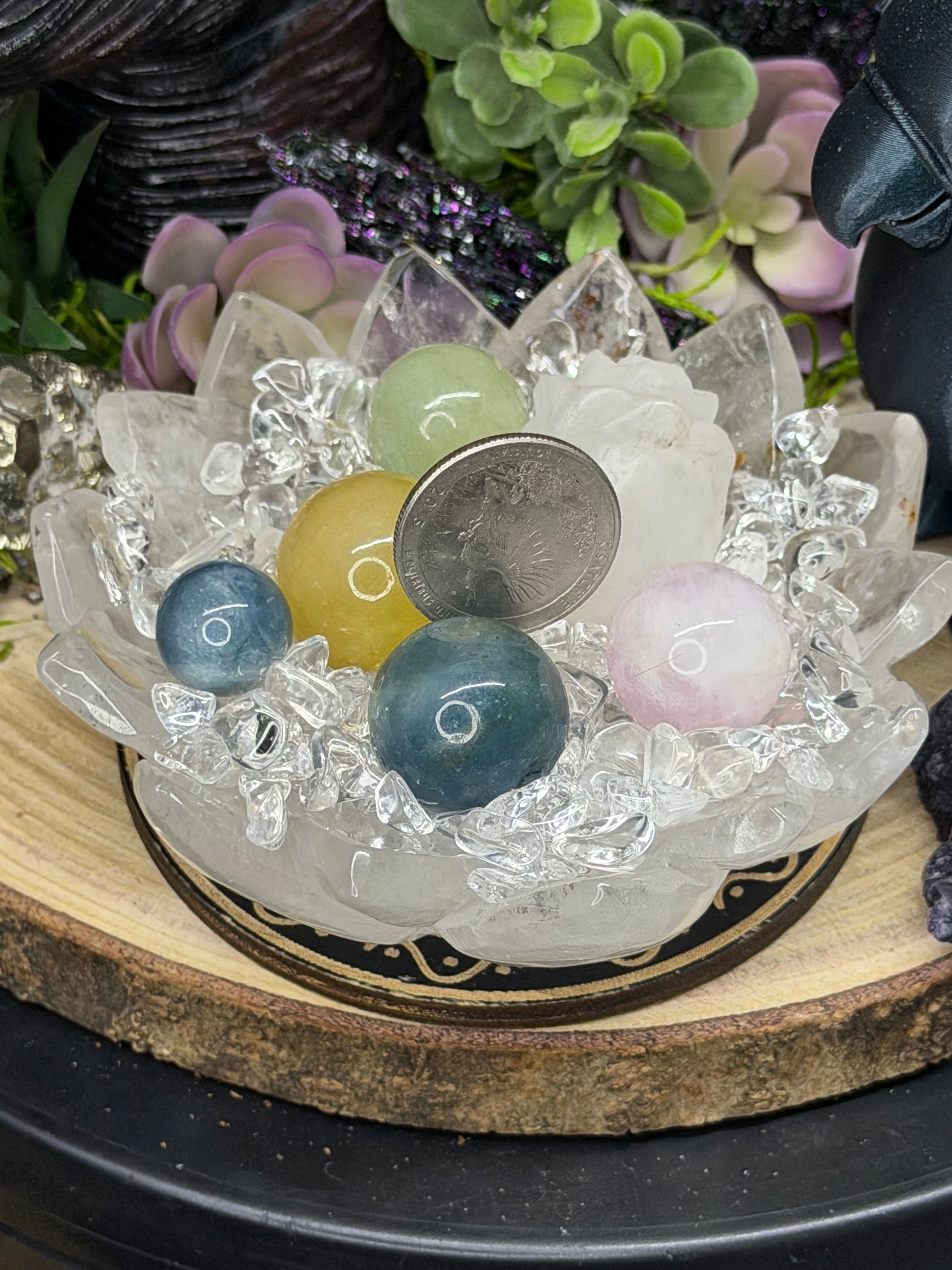 Clear Quartz Lotus Carved Intention Bowl With Morganite Spheres