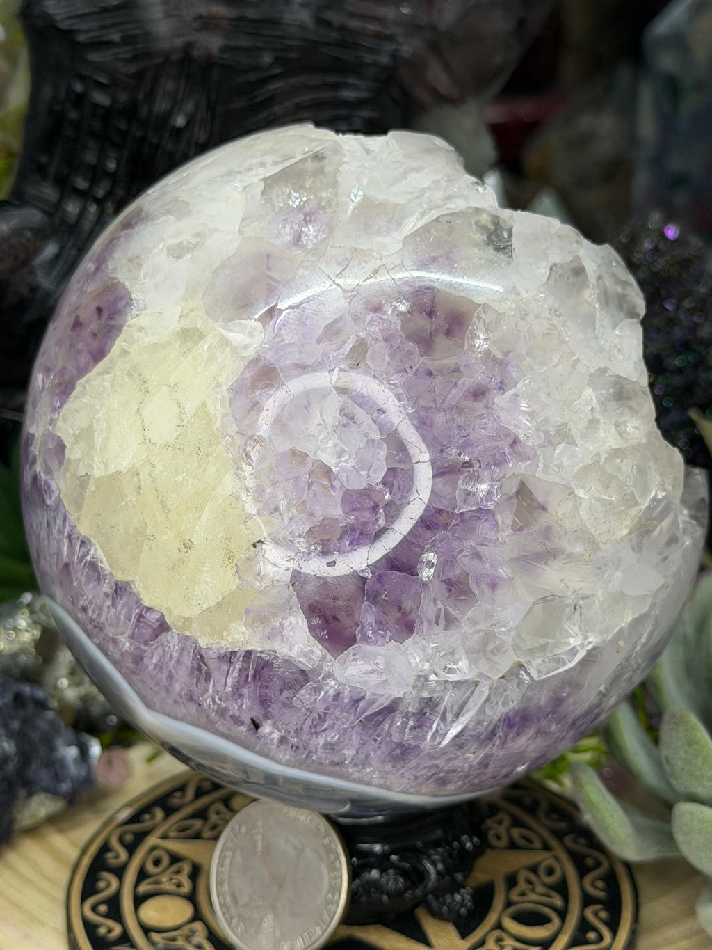 Brazil Amethyst Agate 110mm Sphere With Sugar Calcite & Pink UV Calcite Inclustion