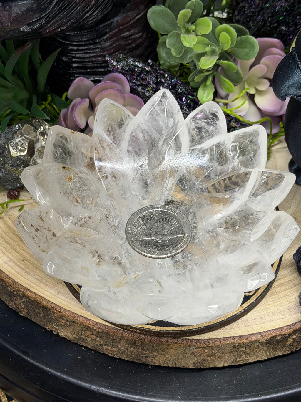 Clear Quartz Lotus Carved Intention Bowl With Morganite Spheres