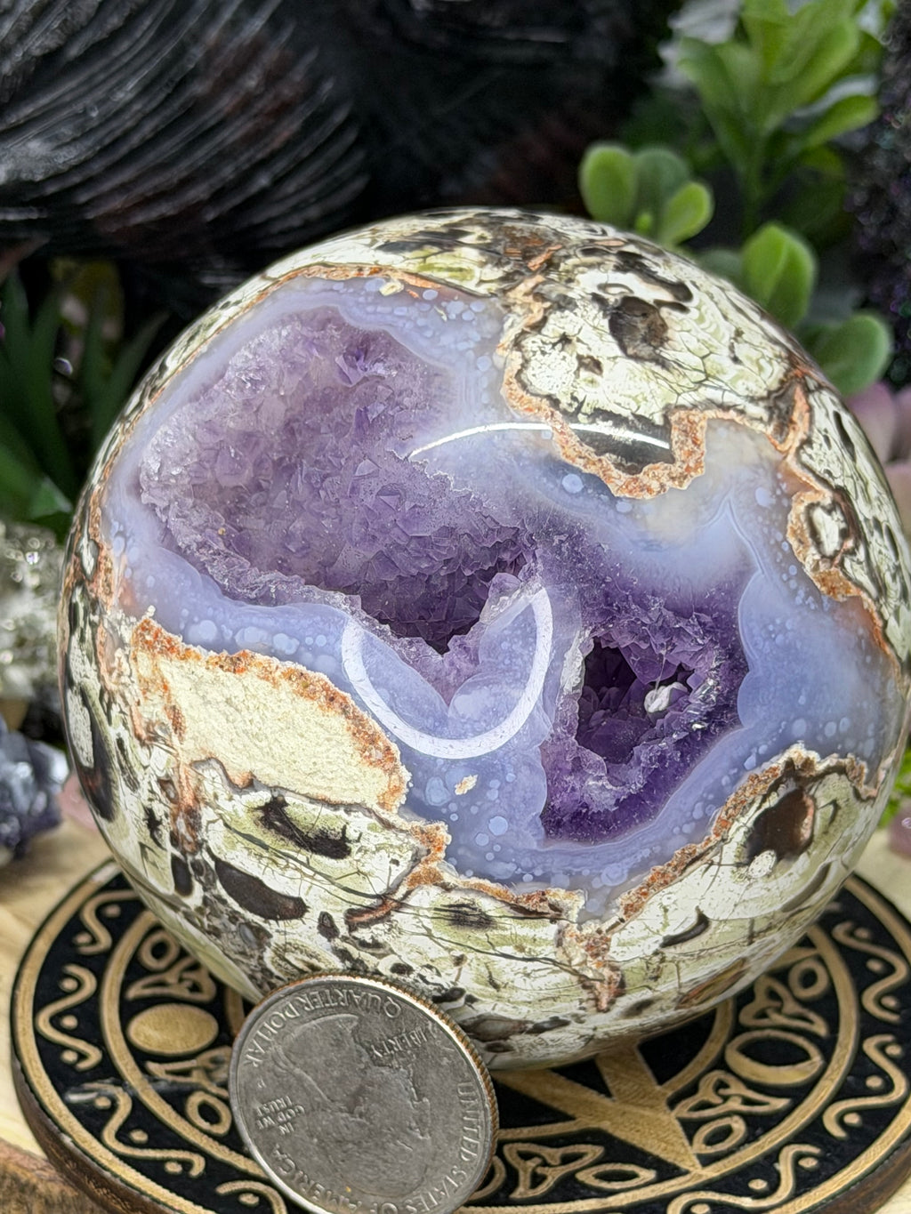Rare Money Agate With Amethyst Inclusions 74mm Sphere