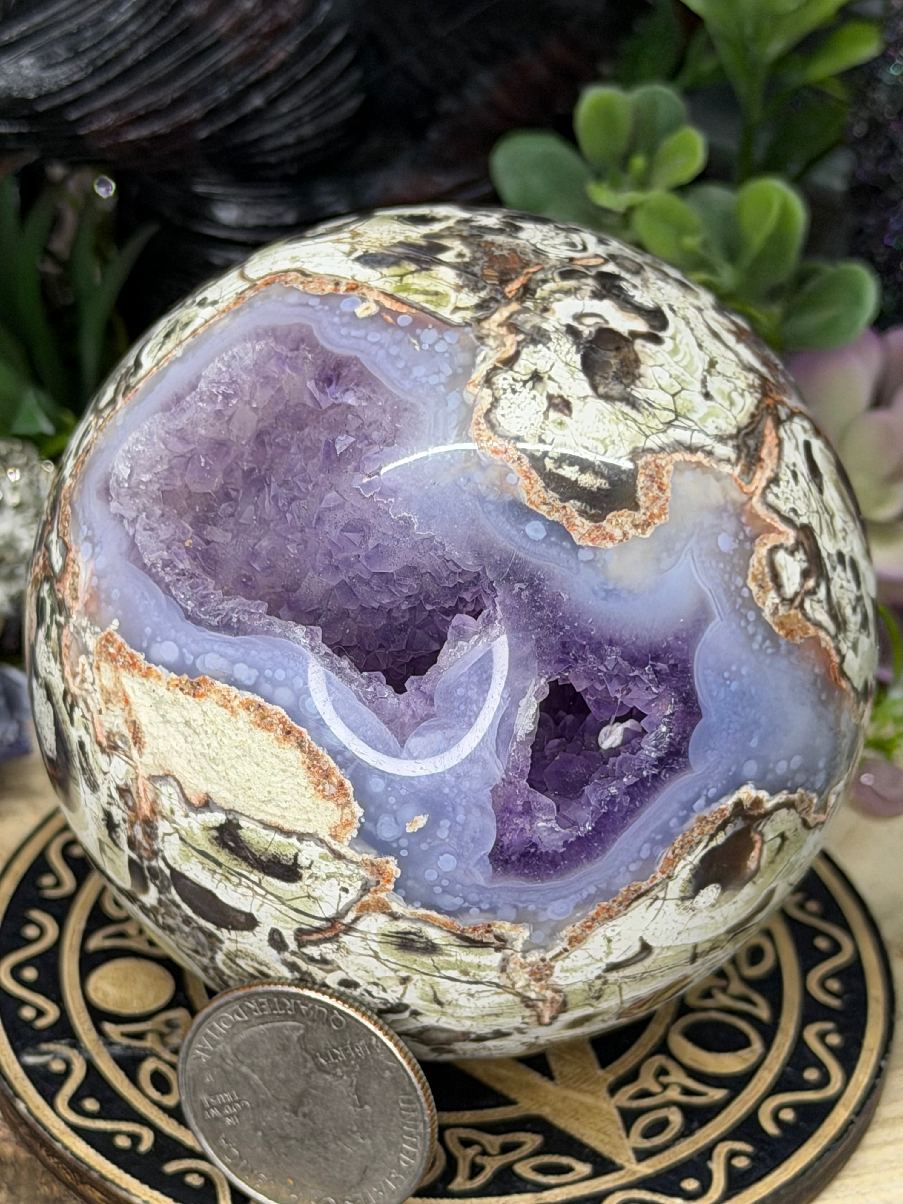 Rare Money Agate With Amethyst Inclusions 74mm Sphere