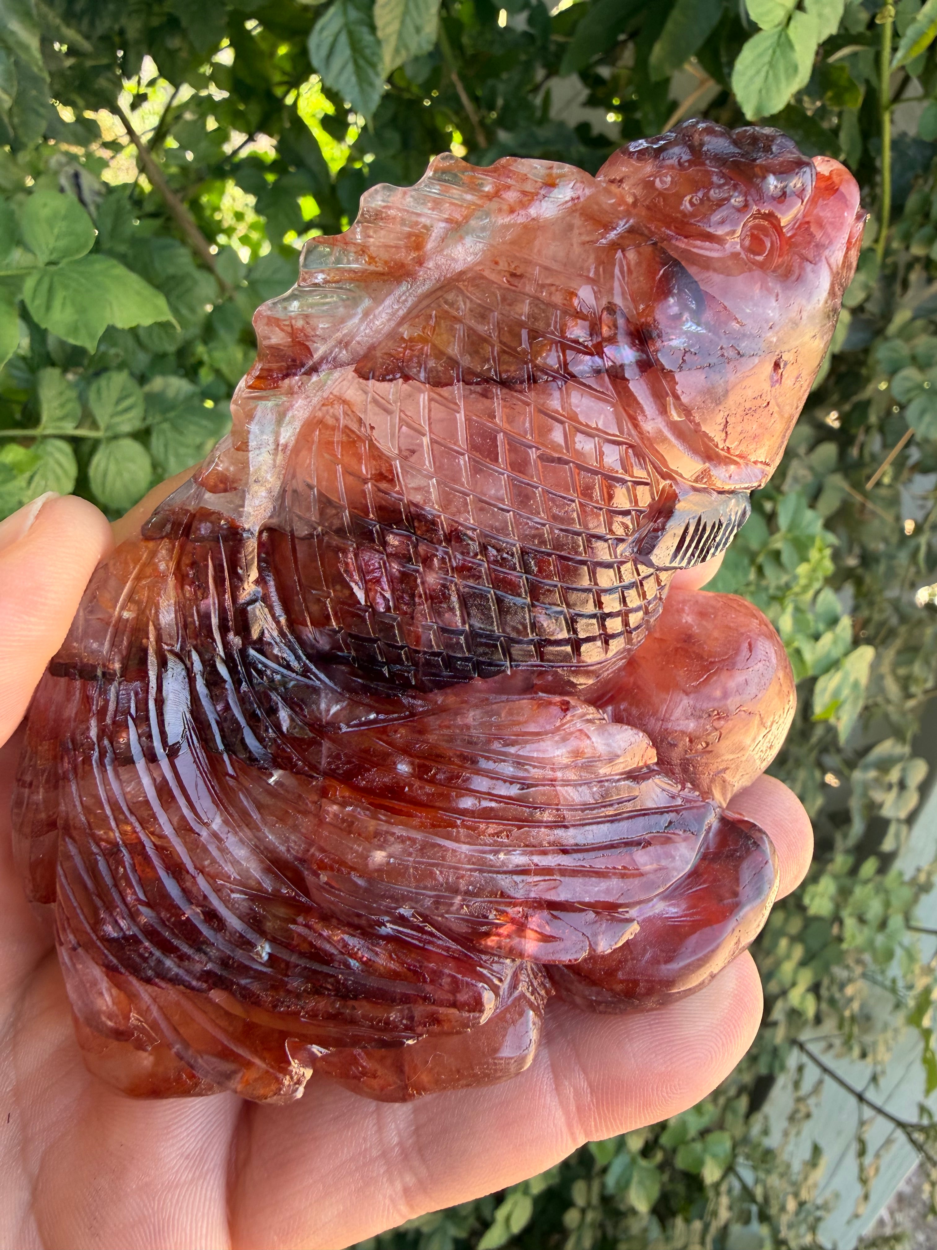 Hand Carved Fire Quartz Japanese Oranda Goldfish Carving.