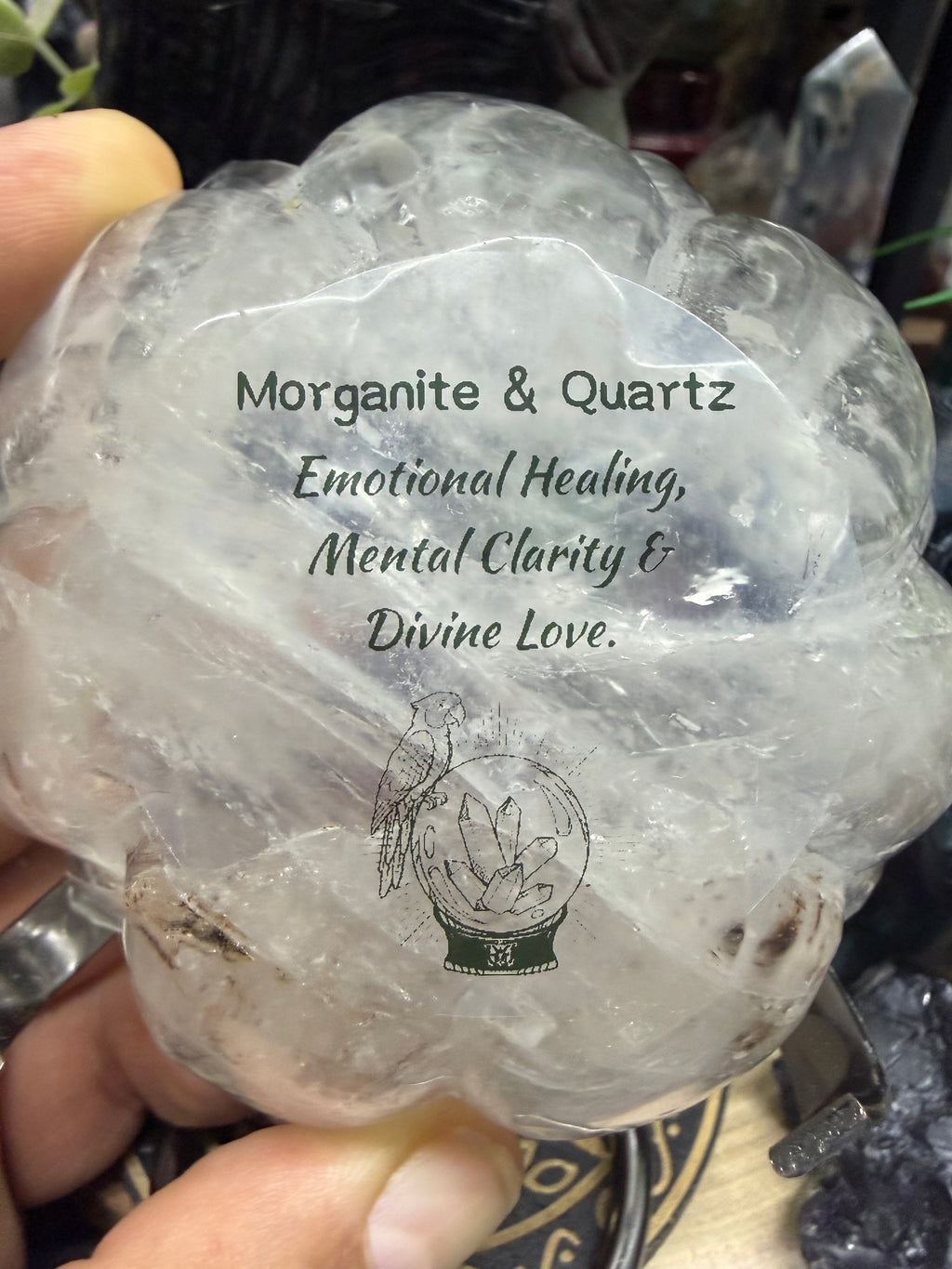 Clear Quartz Lotus Carved Intention Bowl With Morganite Spheres