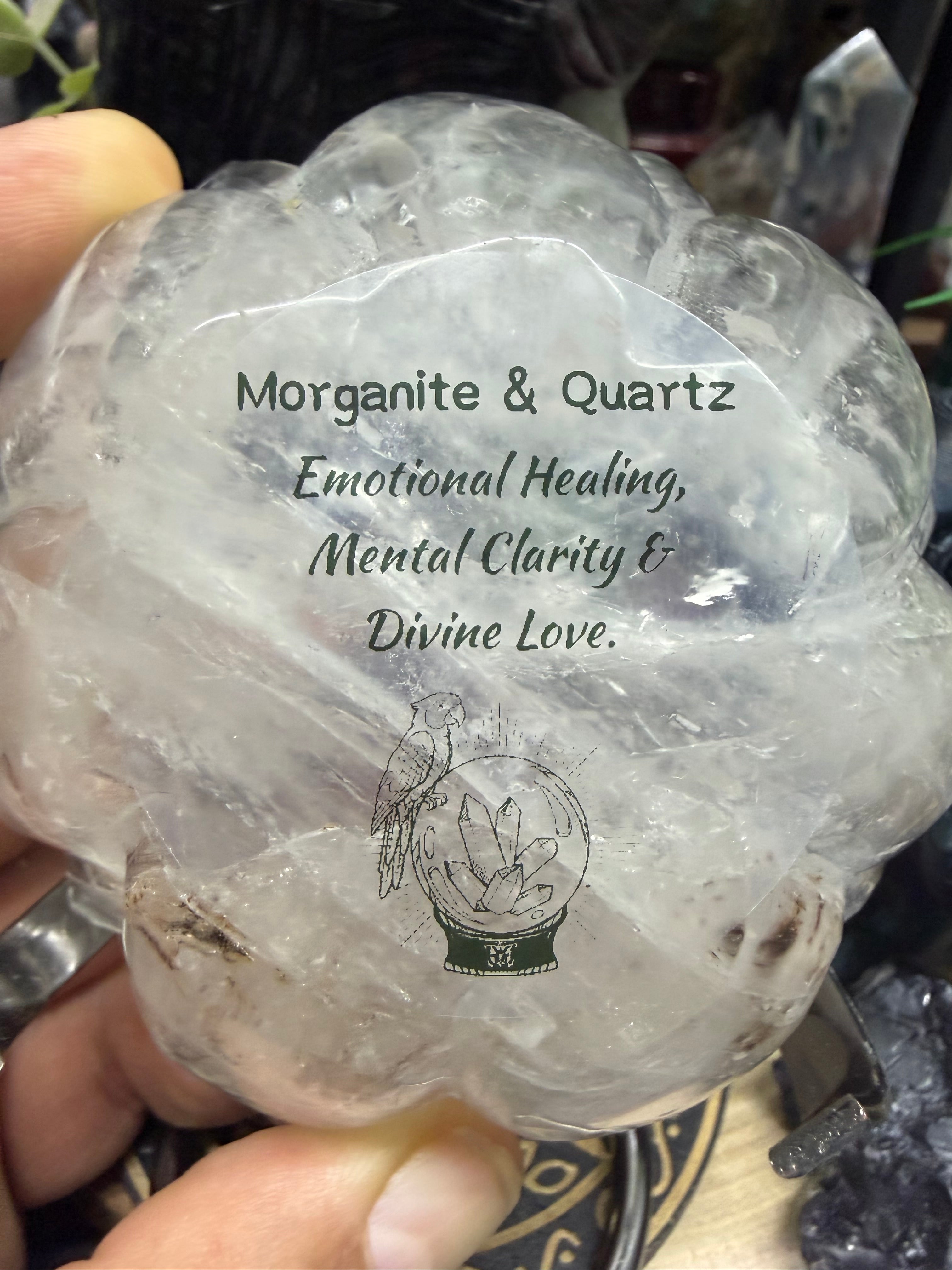 Clear Quartz Lotus Carved Intention Bowl With Morganite Spheres