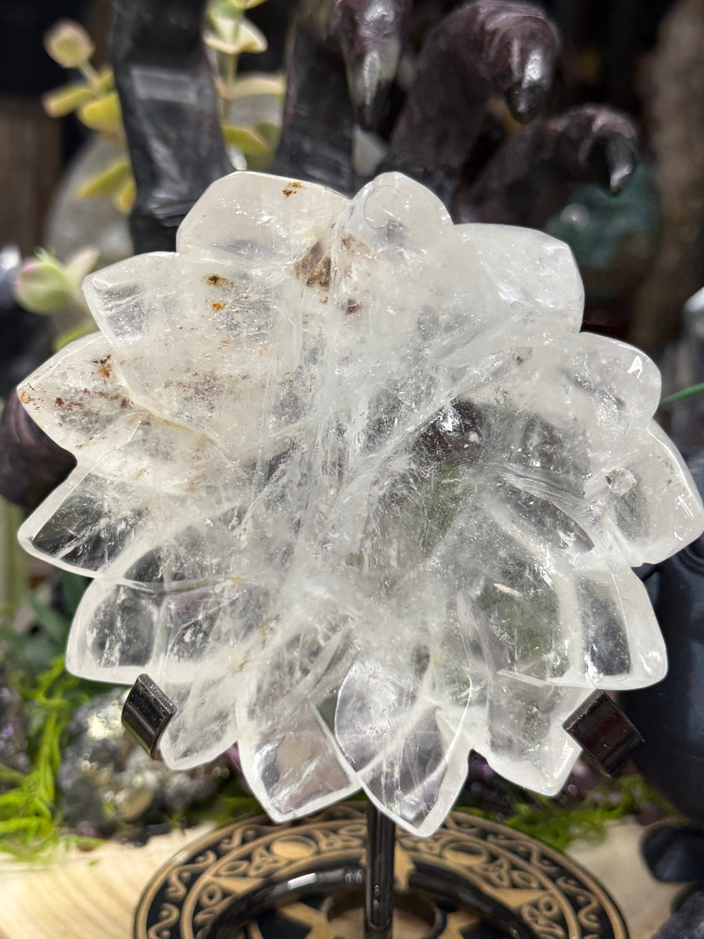 Clear Quartz Lotus Carved Intention Bowl With Morganite Spheres