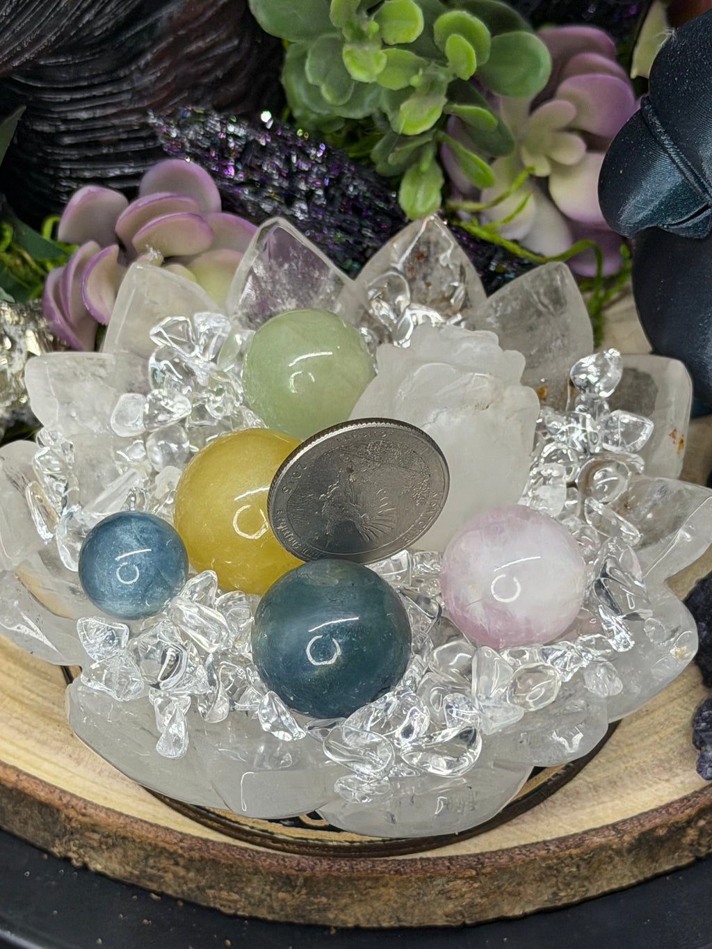 Clear Quartz Lotus Carved Intention Bowl With Morganite Spheres