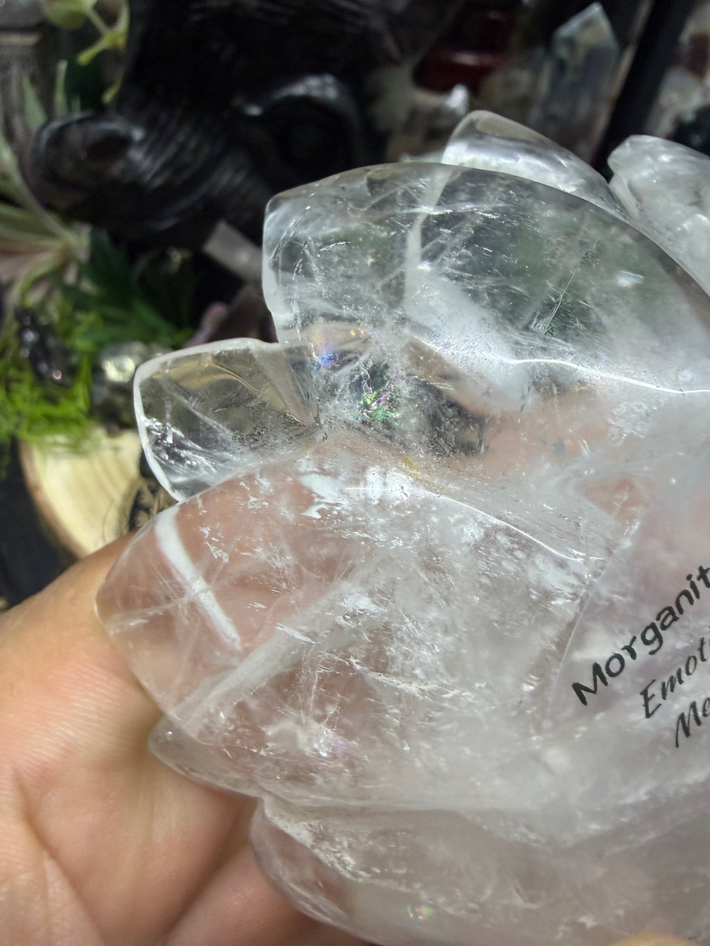Clear Quartz Lotus Carved Intention Bowl With Morganite Spheres