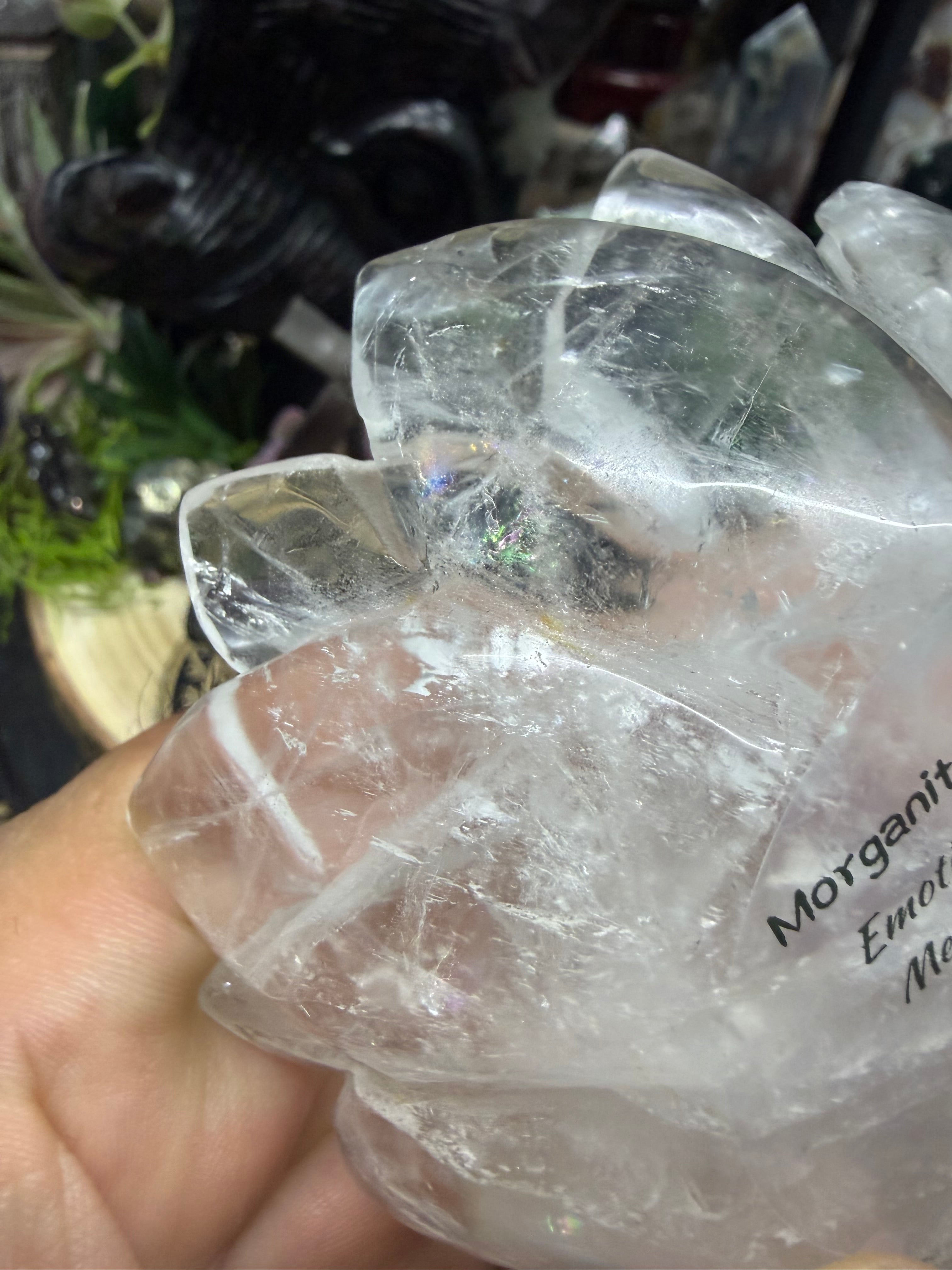 Clear Quartz Lotus Carved Intention Bowl With Morganite Spheres
