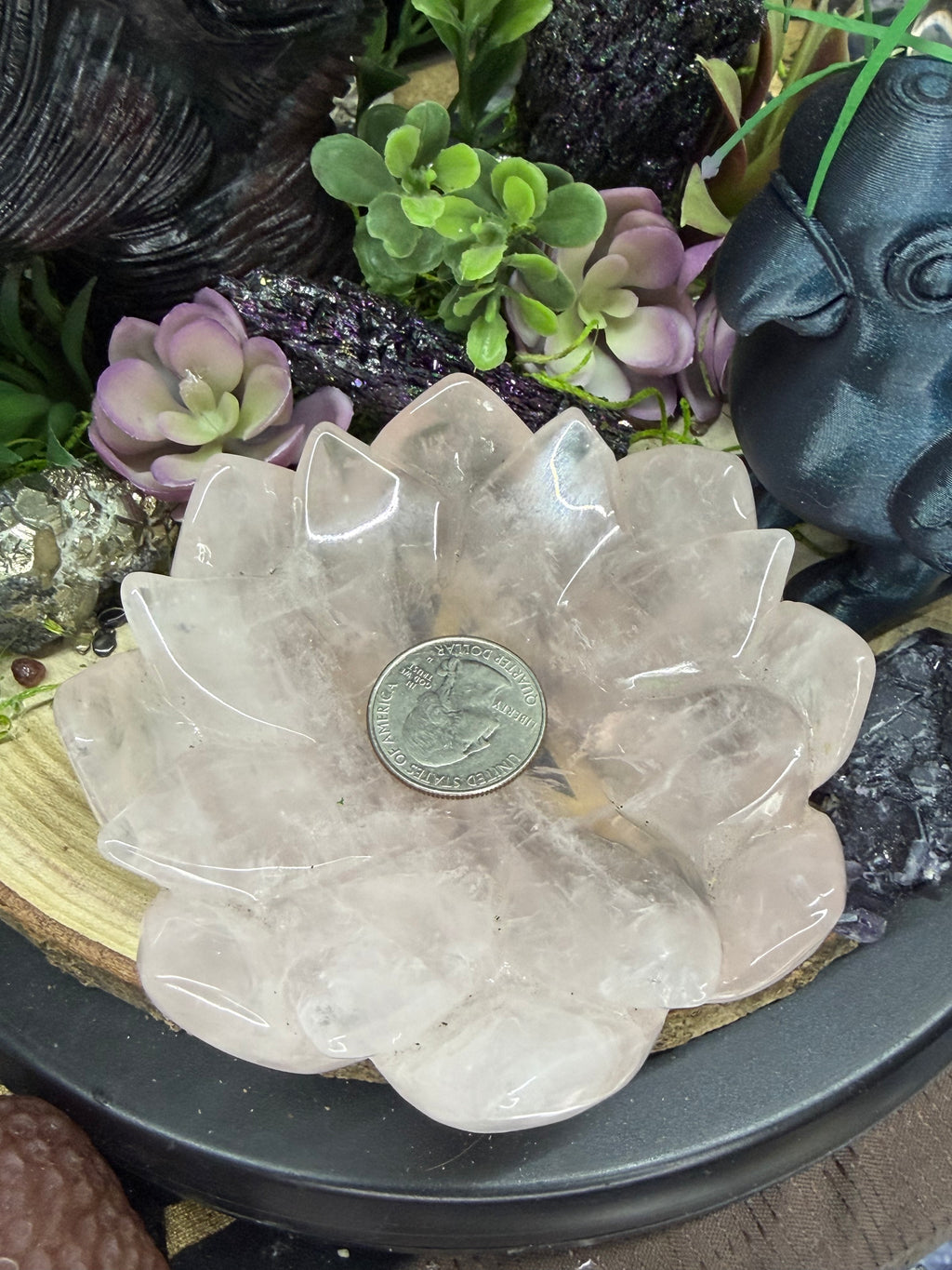 Lotus Rose Quartz Intension Bowl With Carvings.