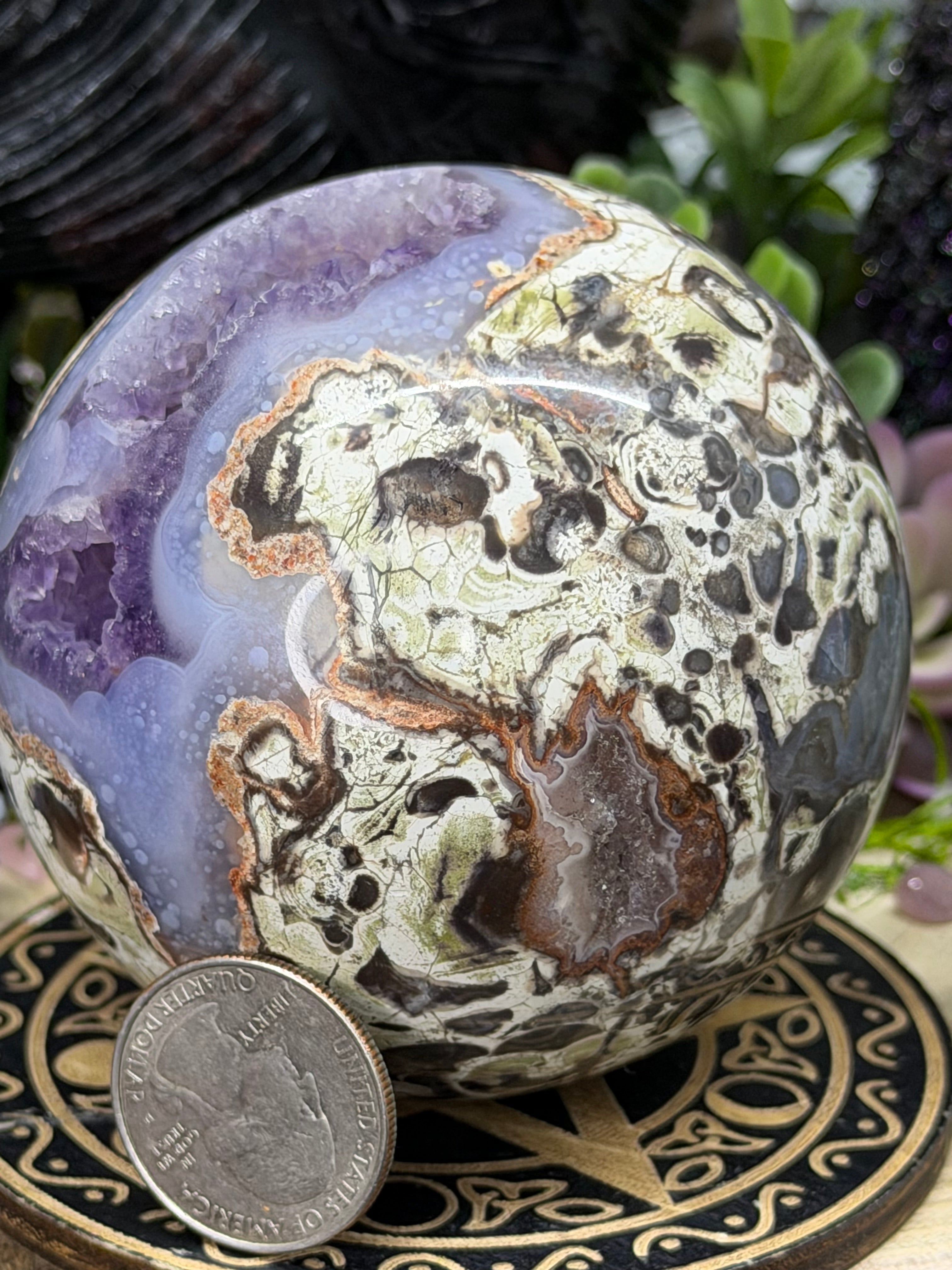 Rare Money Agate With Amethyst Inclusions 74mm Sphere