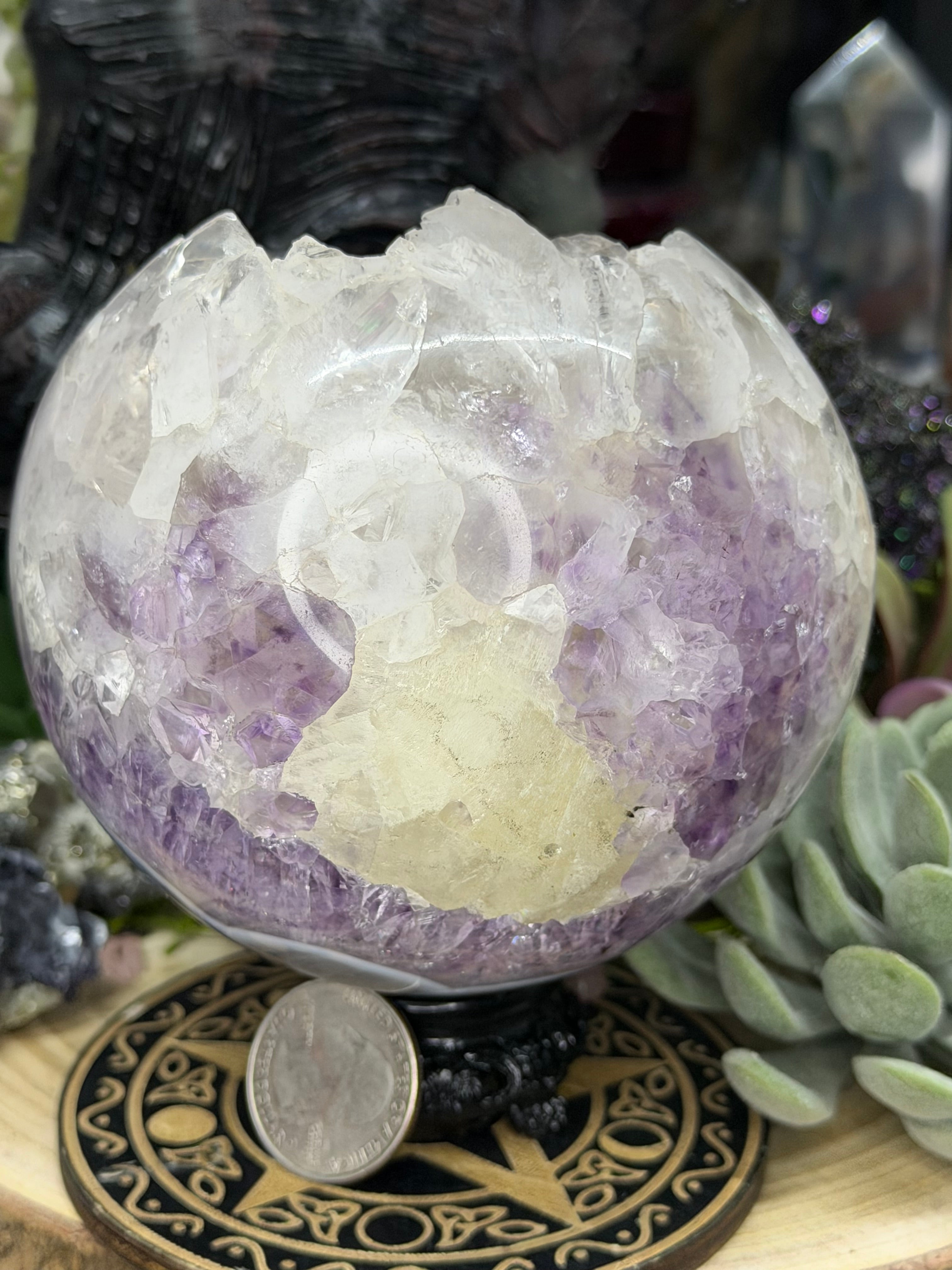 Brazil Amethyst Agate 110mm Sphere With Sugar Calcite & Pink UV Calcite Inclustion