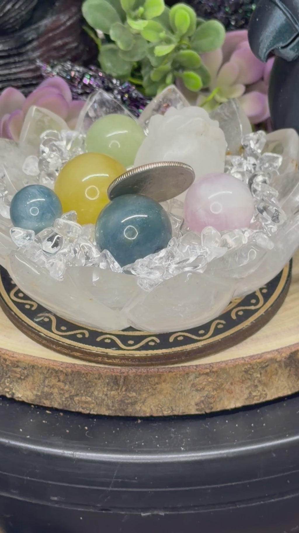 Clear Quartz Lotus Carved Intention Bowl With Morganite Spheres