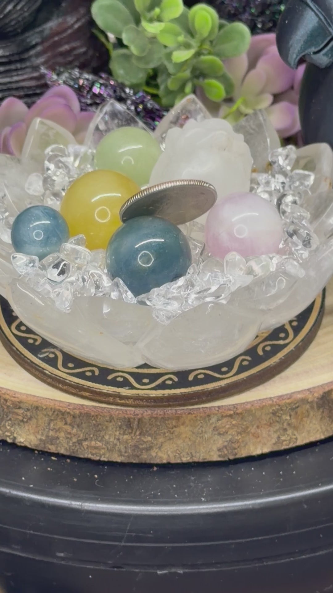 Clear Quartz Lotus Carved Intention Bowl With Morganite Spheres