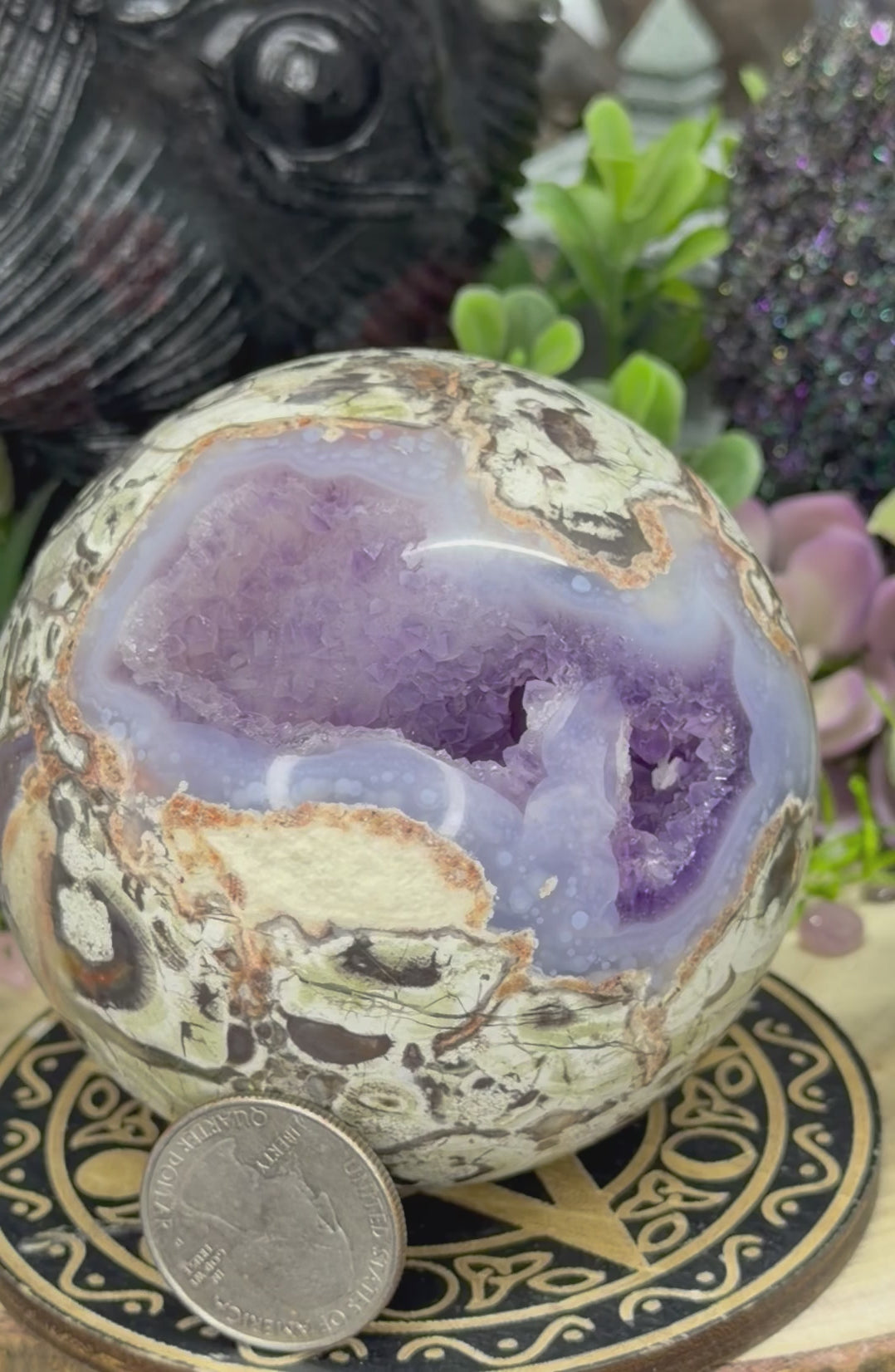 Rare Money Agate With Amethyst Inclusions 74mm Sphere