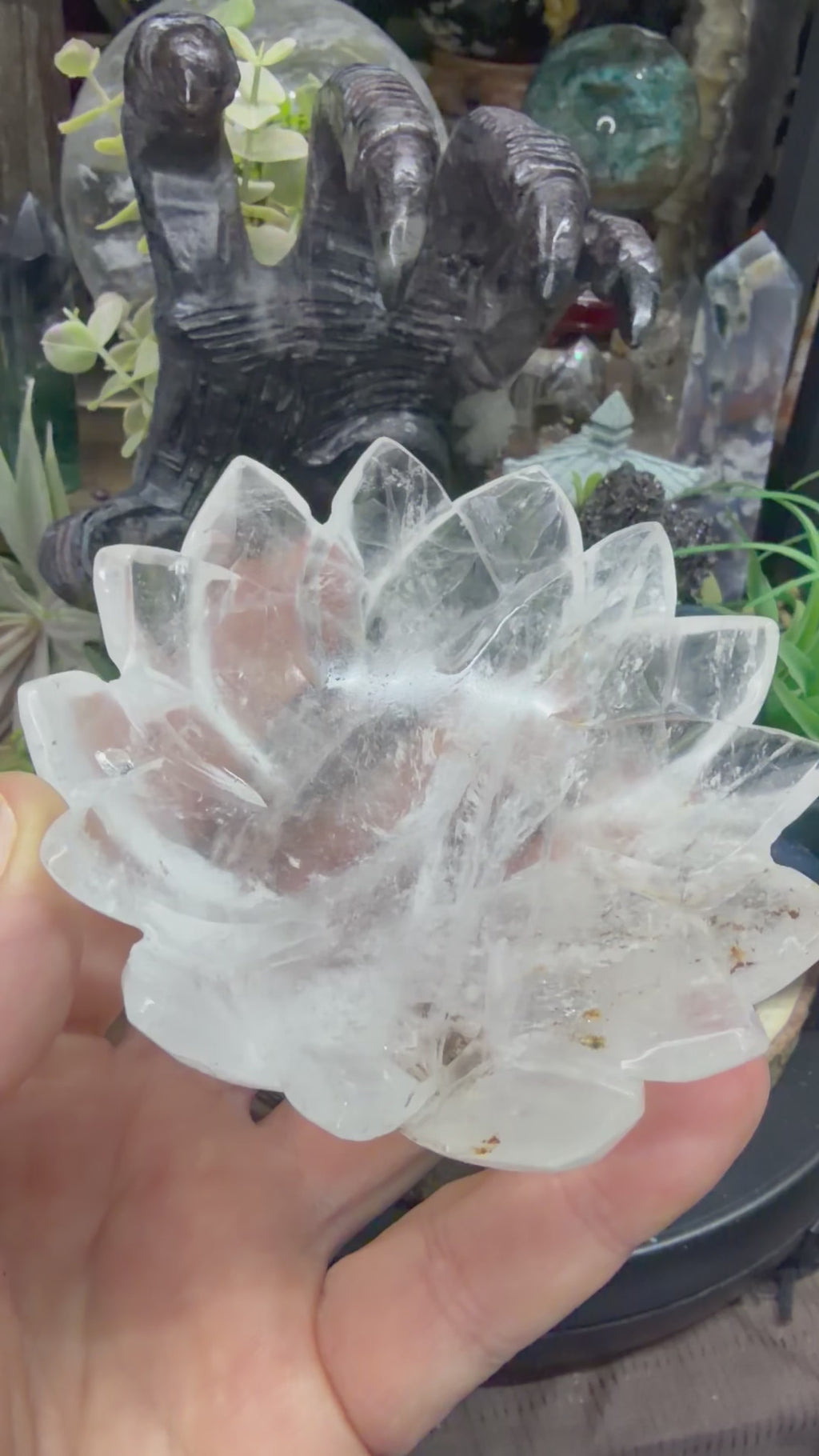 Clear Quartz Lotus Carved Intention Bowl With Morganite Spheres